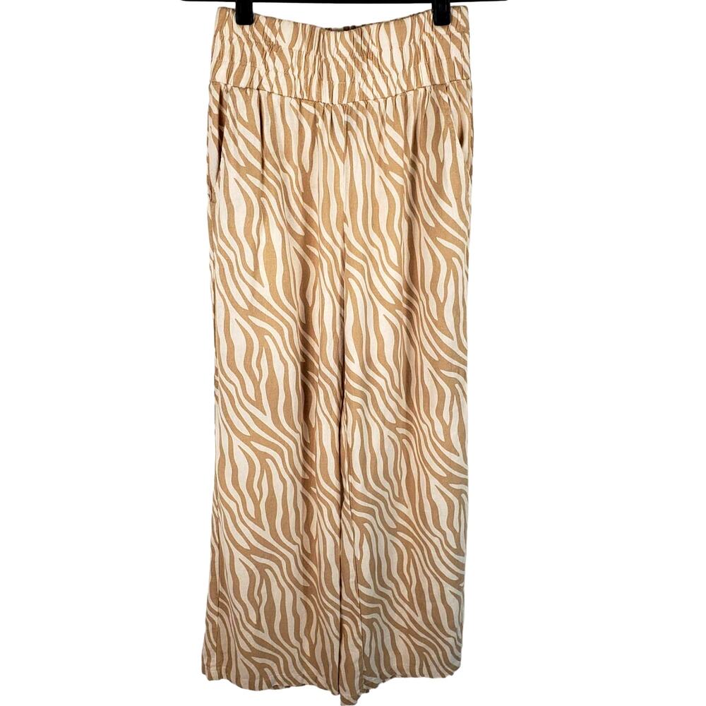 Sincerely Jules Linen Blend Zebra Print Elastic High Rise Straight Leg Pant L